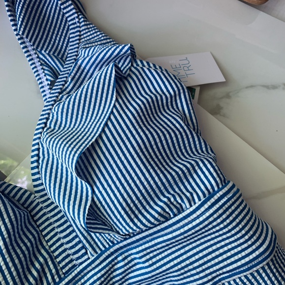 Blue and white Striped Ruffle Trim One Piece Swimsuit - Picture 5 of 6